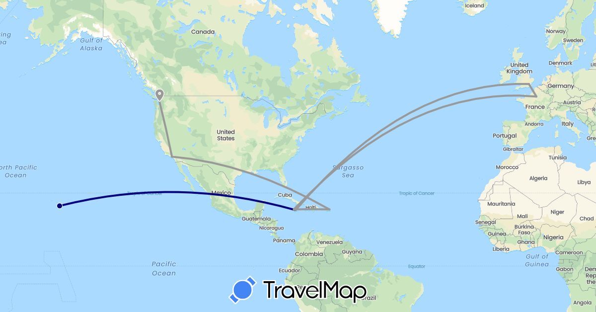TravelMap itinerary: driving, plane in France, United Kingdom, Jamaica, United States (Europe, North America)